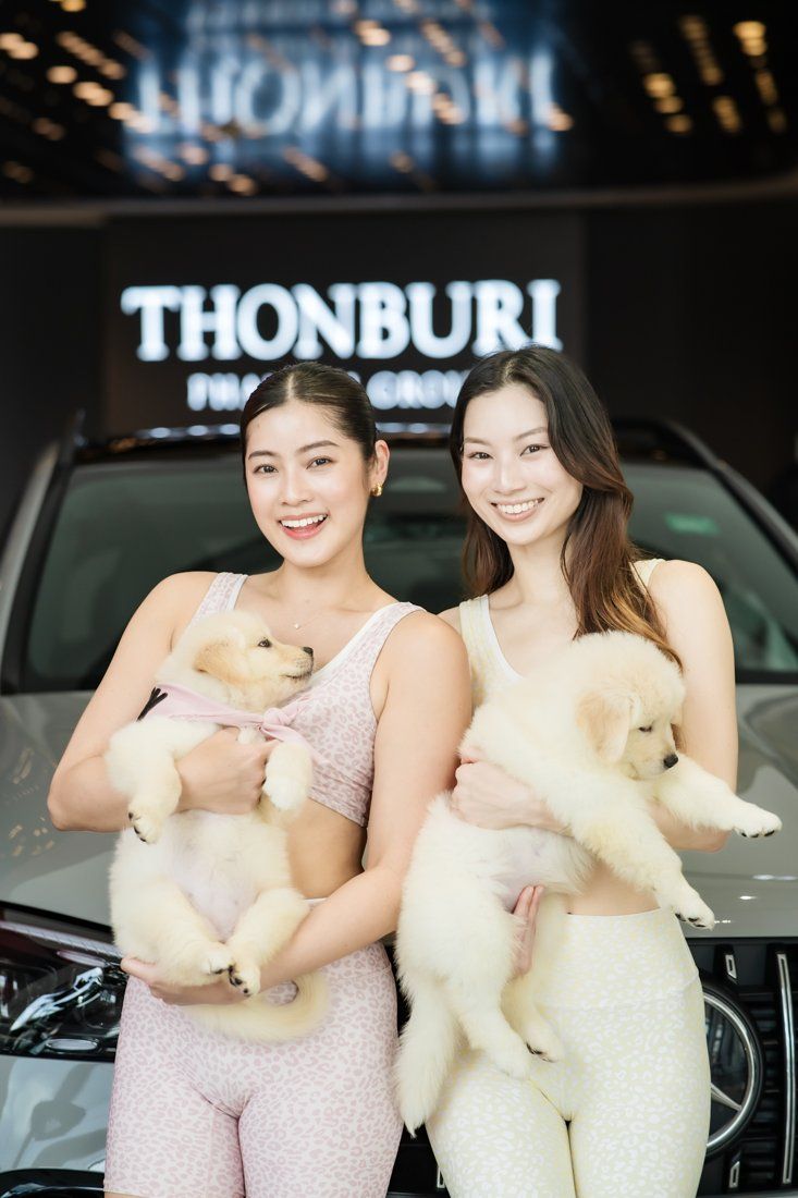 Guests holding golden retriever puppies at the Thonburi showroom