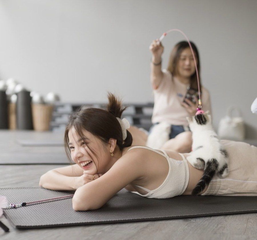 Fon Sananthachat laughing with a kitten on her back at Furapy
