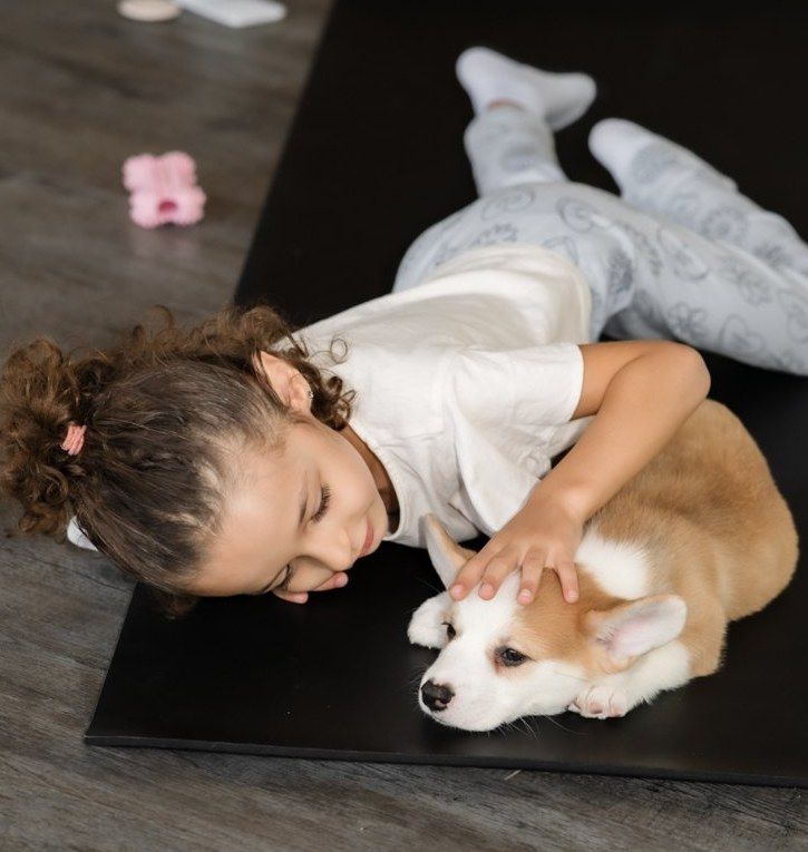 Little girl cuddling a corgi puppy