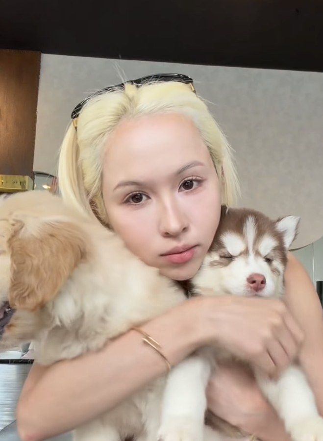 Hannah 4EVE cuddling golden retriever and husky puppies at Furapy