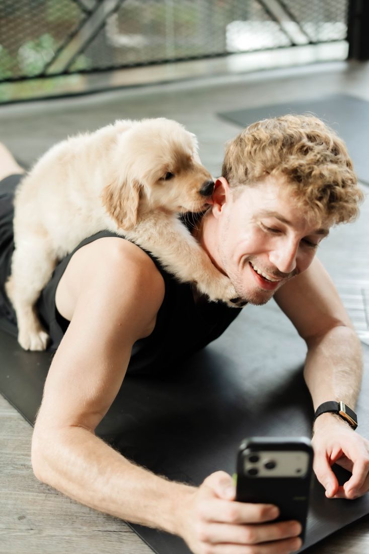 Golden retriever puppy climbing on a guest during yoga